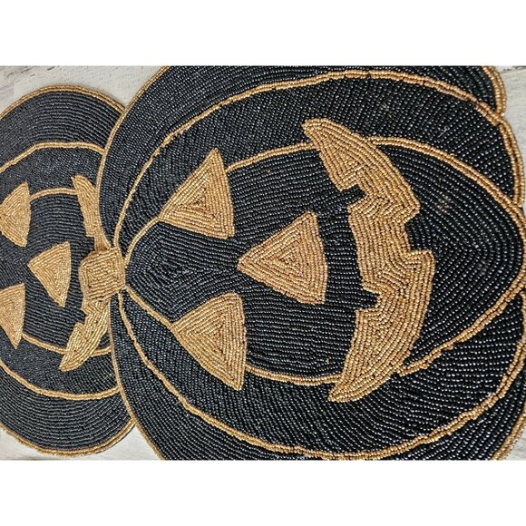 Isaac mizrahi beaded pumpkin Halloween charger placemat table mat decor gold bla - Picture 2 of 6